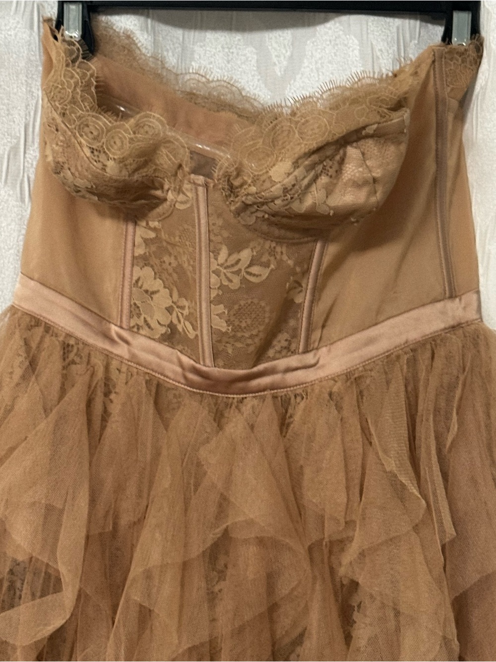 REVOLVE For The Love Of Lemons Nude Strapless Lace Bustier Tiered Tulle Gown - Picture 5 of 10